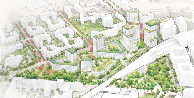Grafik mit Straßen, Häusern und Bäumen