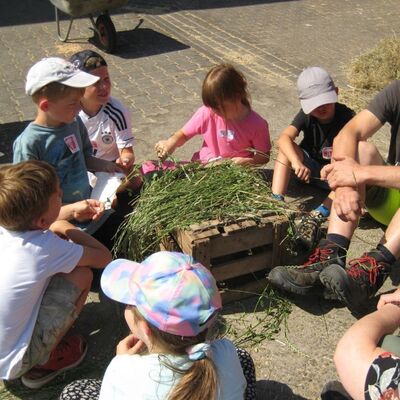 Jörg Schreck zeigte den Kindern, welches Getreide in der Region angebaut wird und was damit produziert wird.