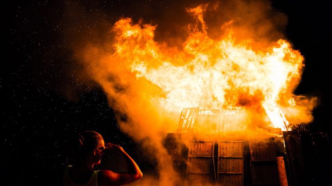 Fire Burning Red House Woman 