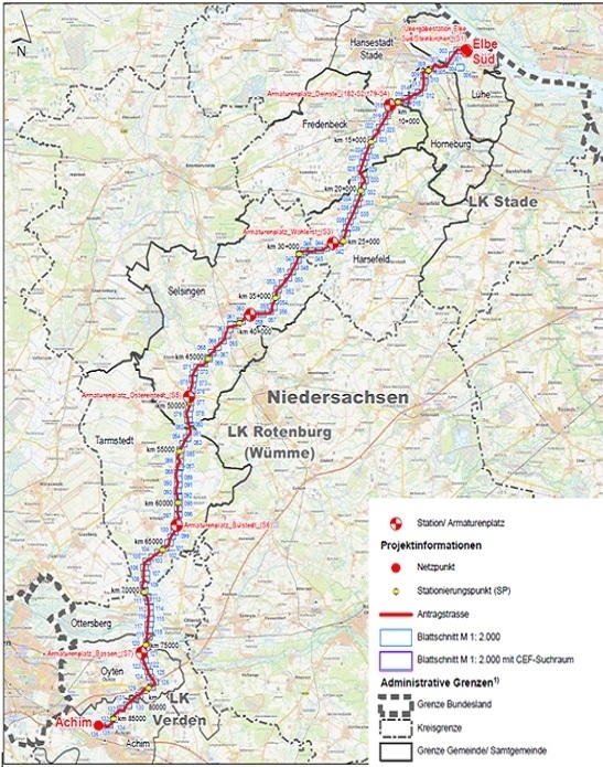 Der geplante Verlauf der Energietransportleitung „ETL 182 Elbe-Süd nach Achim“.