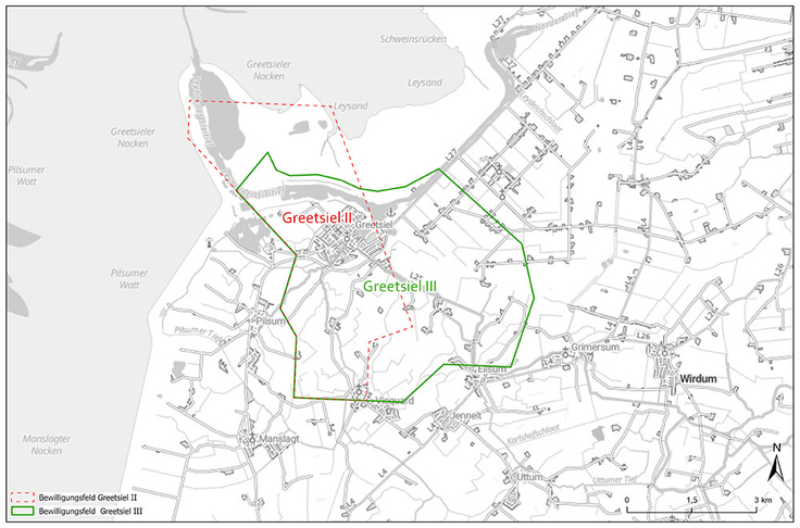 Das neue Bewilligungsfeld Greetsiel III dehnt sich weiter nach Osten aus als das Vorgängerfeld Greetsiel II, berührt aber keine Teile des Nationalparks Wattenmeer mehr.