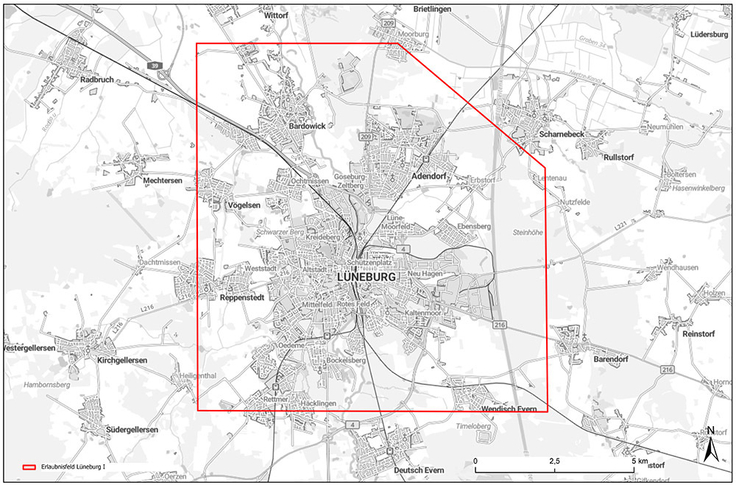 Das Erlaubnisfeld „Lüneburg I“ erstreckt sich über die Kreisstadt und angrenzende Gemeinden.