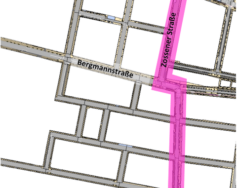 Straßenkarte des Bergmannkiezes, Friesenstraße/Zossener Straße sind pink markiert