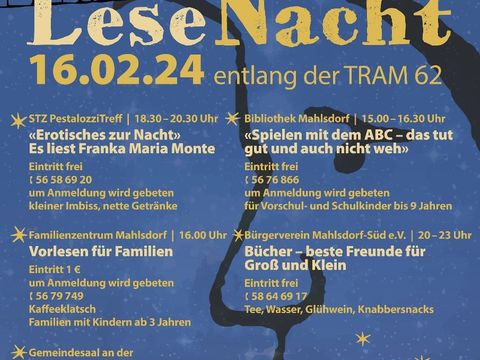 Flyer Erste Mahlsdorfer Lesenacht entlang der Tram 62 am 16. Februar 2024