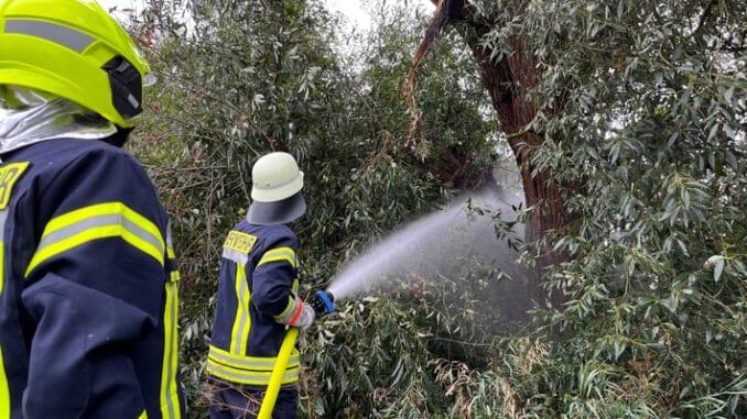 FW Flotwedel: Ortsfeuerwehr Eicklingen löscht brennenden Baum nach Blitzschlag