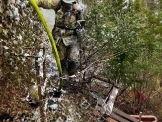 FW Lügde: Gartenhüttenbrand in unwegsamen Gelände