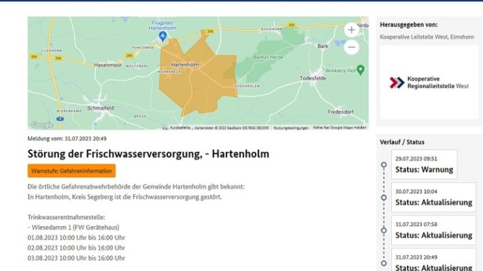 FW-SE: Dritte Folgemeldung zum Trink- und Brauchwasserausfall in der Gemeinde Hartenholm