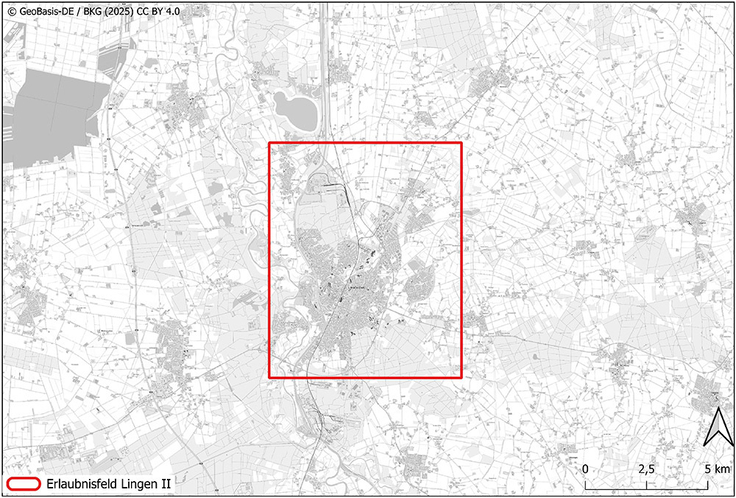 Das Erlaubnisfeld Lingen II überdeckt das gesamte Stadtgebiet und reicht in die Samtgemeinde Lengerich sowie in die Gemeinde Wietmarschen hinein.