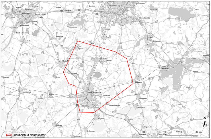 Das Erlaubnisfeld „Neumünster I“ umschließt Neumünster selbst und berührt drei weitere Landkreise im Wesentlichen nördlich und östlich der Stadt.
