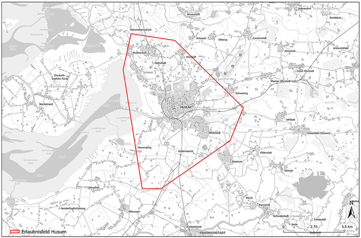 Das Erlaubnisfeld „Husum“ umschließt die Kreisstadt.