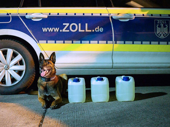 Zollhündin Lieschen Müller neben Kanistern mit Flüssigamphetamin