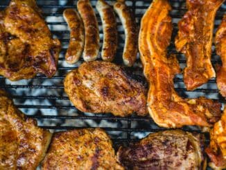 top view photo of grilling chicken and bacon